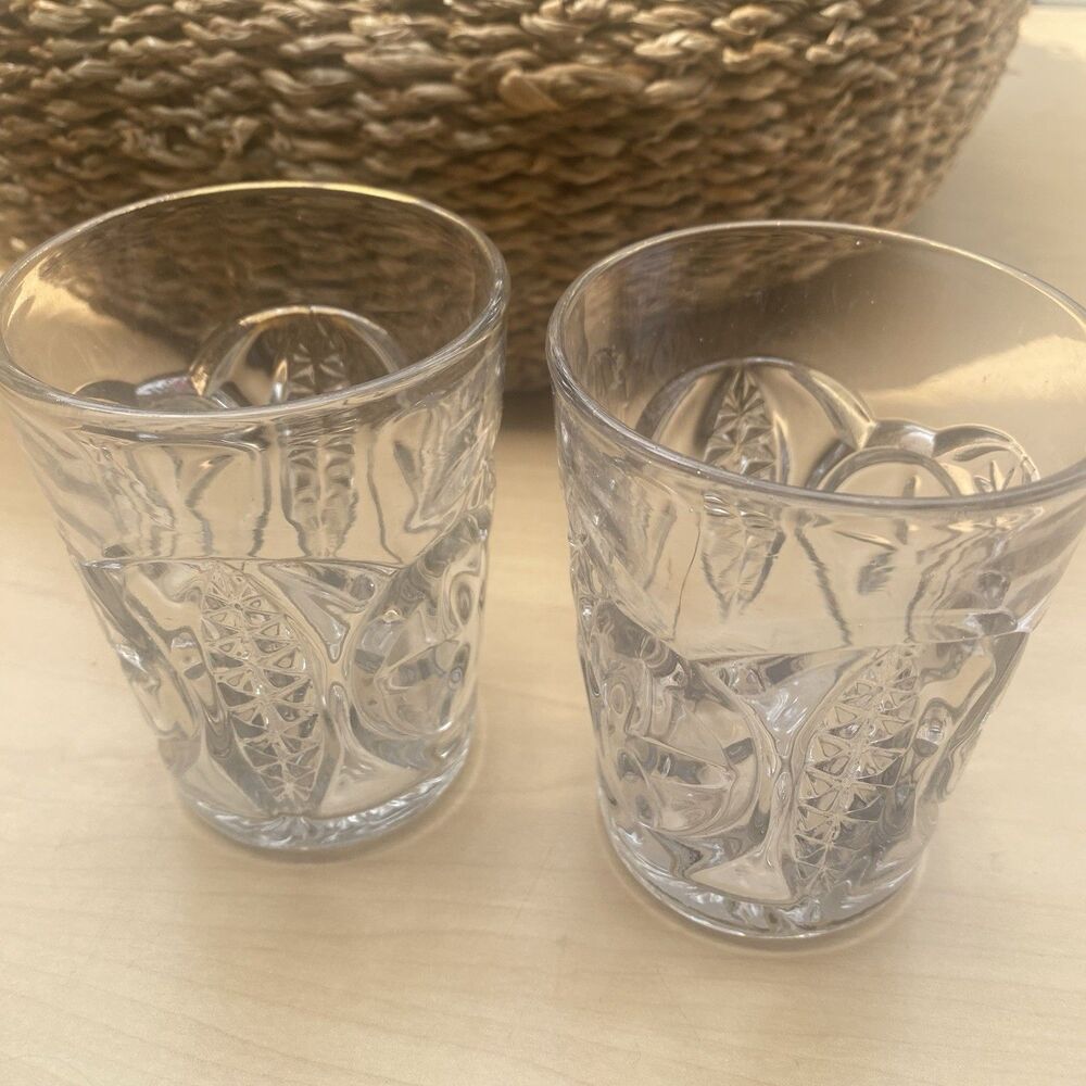Antique Uranium Glow C1909 Juice Glass Tumbler 3-3/4" High Star Leaf Tobin Set 2